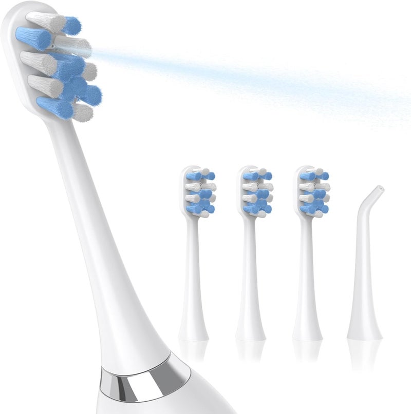 Marchpower Replacement Brush Heads with Water Flosser - 3 Brush Heads & 1 Nozzle Original Set, Compatible with Marchpower 2-in-1 Electric Toothbrush, Suit for Travel & Home Use, Soft Blue